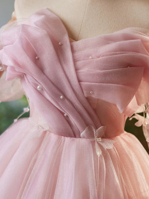 Off the Shoulder Short Pink Tulle Prom Dresses, Short Pink Tulle Formal Homecoming Dresses