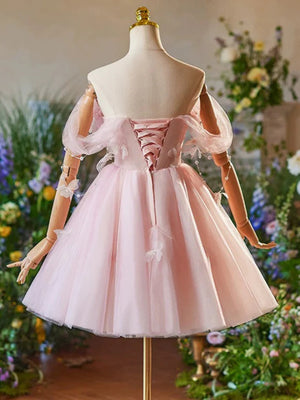 Off the Shoulder Short Pink Tulle Prom Dresses, Short Pink Tulle Formal Homecoming Dresses