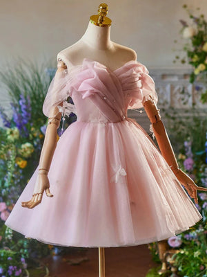 Off the Shoulder Short Pink Tulle Prom Dresses, Short Pink Tulle Formal Homecoming Dresses