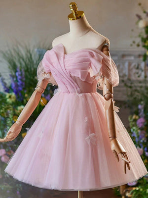 Off the Shoulder Short Pink Tulle Prom Dresses, Short Pink Tulle Formal Homecoming Dresses