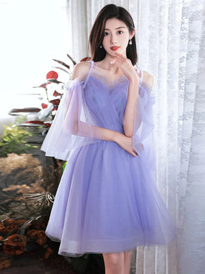 Off the Shoulder Short Purple Prom Dresses, Short Purple Tulle Formal Homecoming Dresses