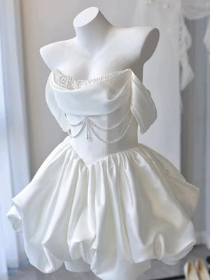 Off the Shoulder Short White Satin Prom Dresses, Short White Satin Formal Homecoming Dresses