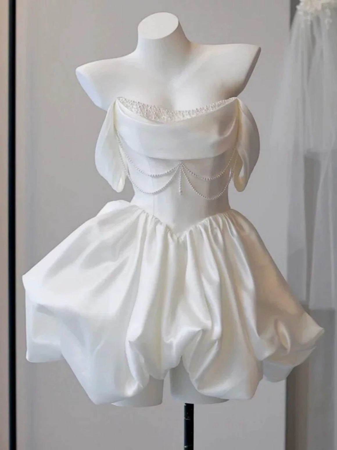 Off the Shoulder Short White Satin Prom Dresses, Short White Satin Formal Homecoming Dresses