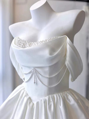 Off the Shoulder Short White Satin Prom Dresses, Short White Satin Formal Homecoming Dresses