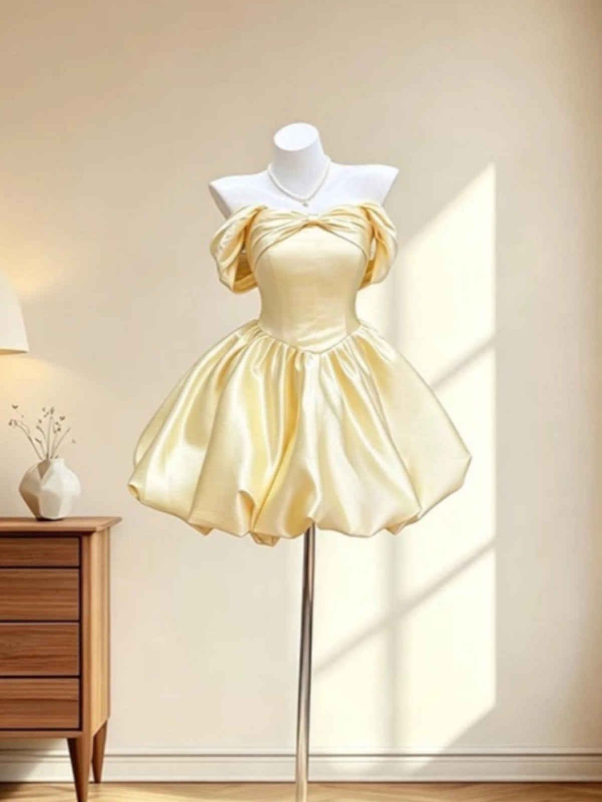 Off the Shoulder Short Yellow Satin Prom Dresses, Short Off Shoulder Yellow Formal Homecoming Dresses