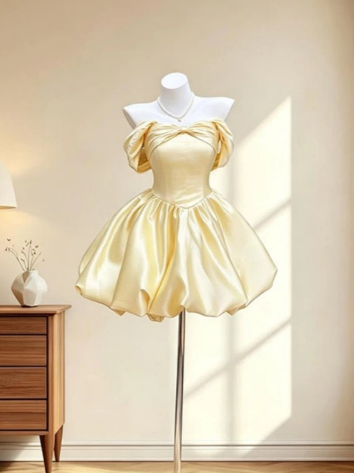 Off the Shoulder Short Yellow Satin Prom Dresses, Short Off Shoulder Yellow Formal Homecoming Dresses