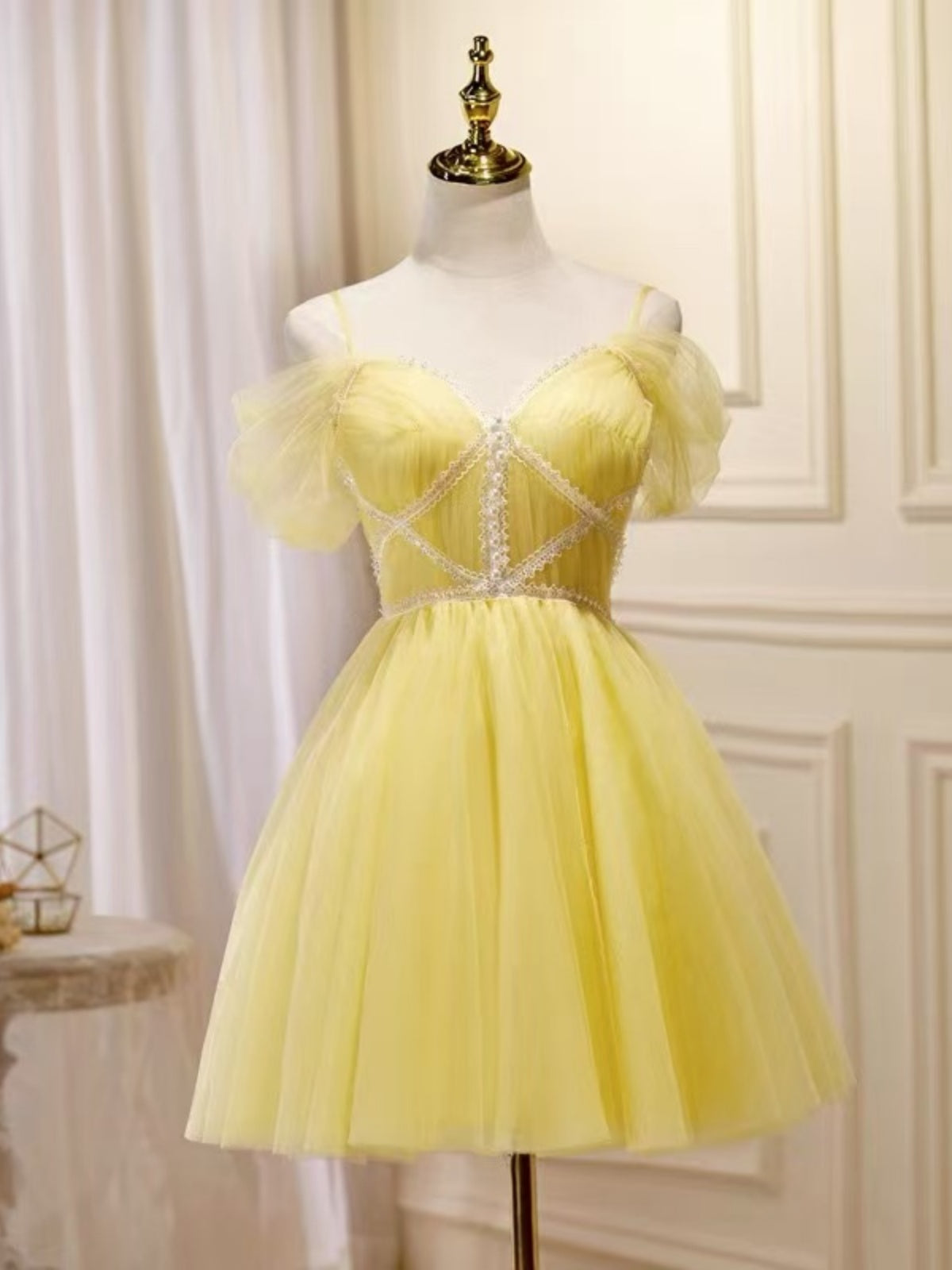 Off the Shoulder Short Yellow Tulle Prom Dresses, Short Yellow Tulle G - shegown Off the Shoulder Short Yellow Tulle Prom Dresses, Short Yellow Tulle G - shegown