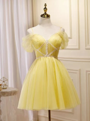 Off the Shoulder Short Yellow Tulle Prom Dresses, Off Shoulder Short Yellow Tulle Graduation Homecoming Dresses