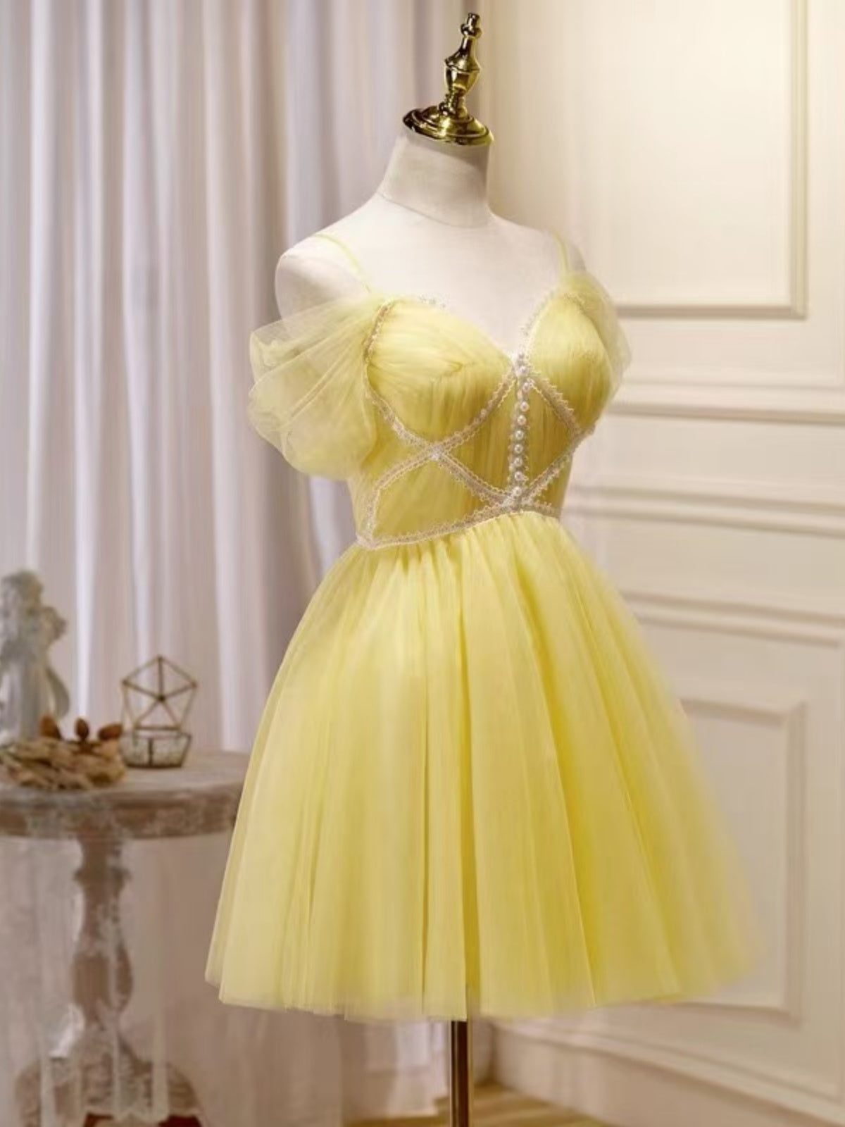 Off the Shoulder Short Yellow Tulle Prom Dresses, Short Yellow Tulle Graduation Homecoming Dresses, US 14 / Custom Color / No Rush Off the Shoulder Short Yellow Tulle Prom Dresses, Short Yellow Tulle Graduation Homecoming Dresses, US 14 / Custom Color / No Rush