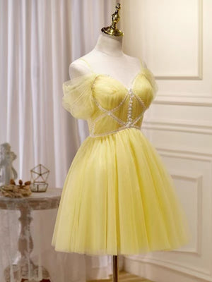 Off the Shoulder Short Yellow Tulle Prom Dresses, Off Shoulder Short Yellow Tulle Graduation Homecoming Dresses