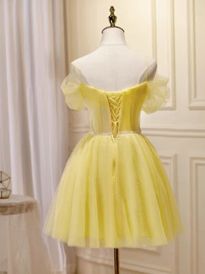 Off the Shoulder Short Yellow Tulle Prom Dresses, Off Shoulder Short Yellow Tulle Graduation Homecoming Dresses