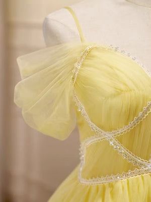 Off the Shoulder Short Yellow Tulle Prom Dresses, Off Shoulder Short Yellow Tulle Graduation Homecoming Dresses