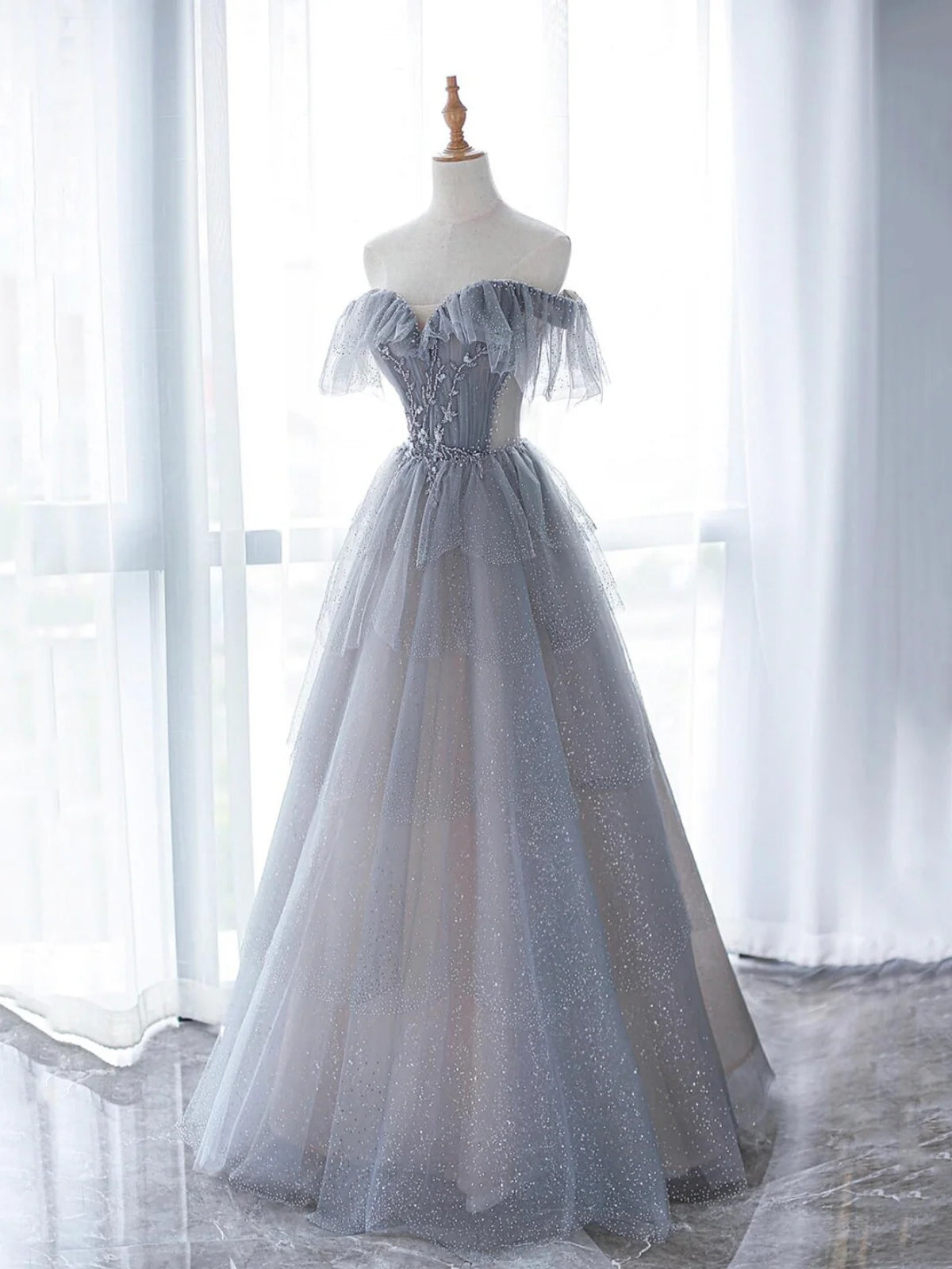 Off the Shoulder Silver Gray Long Beaded Prom Dresses, Off Shoulder Gr - shegown Off the Shoulder Silver Gray Long Beaded Prom Dresses, Off Shoulder Gr - shegown