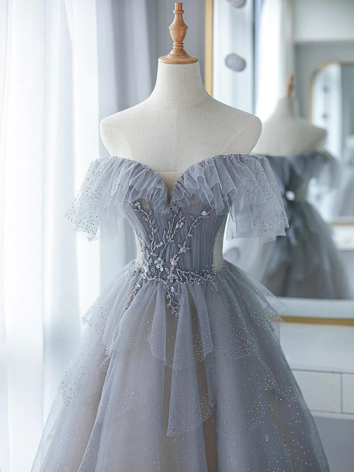 prom dresses silver grey Ballbella Silver Grey Sequins Prom Dress Mermaid With Beads