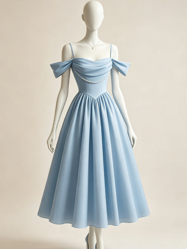 Off the Shoulder Tea Length Blue Satin Prom Dresses, Blue Satin Short