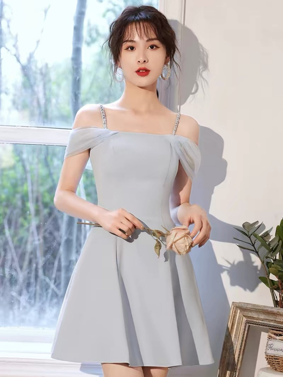 Off the Shoulder White Blue Short Prom Dress, Sparkly Rhinestone Strap Mini Homecoming Formal Dress