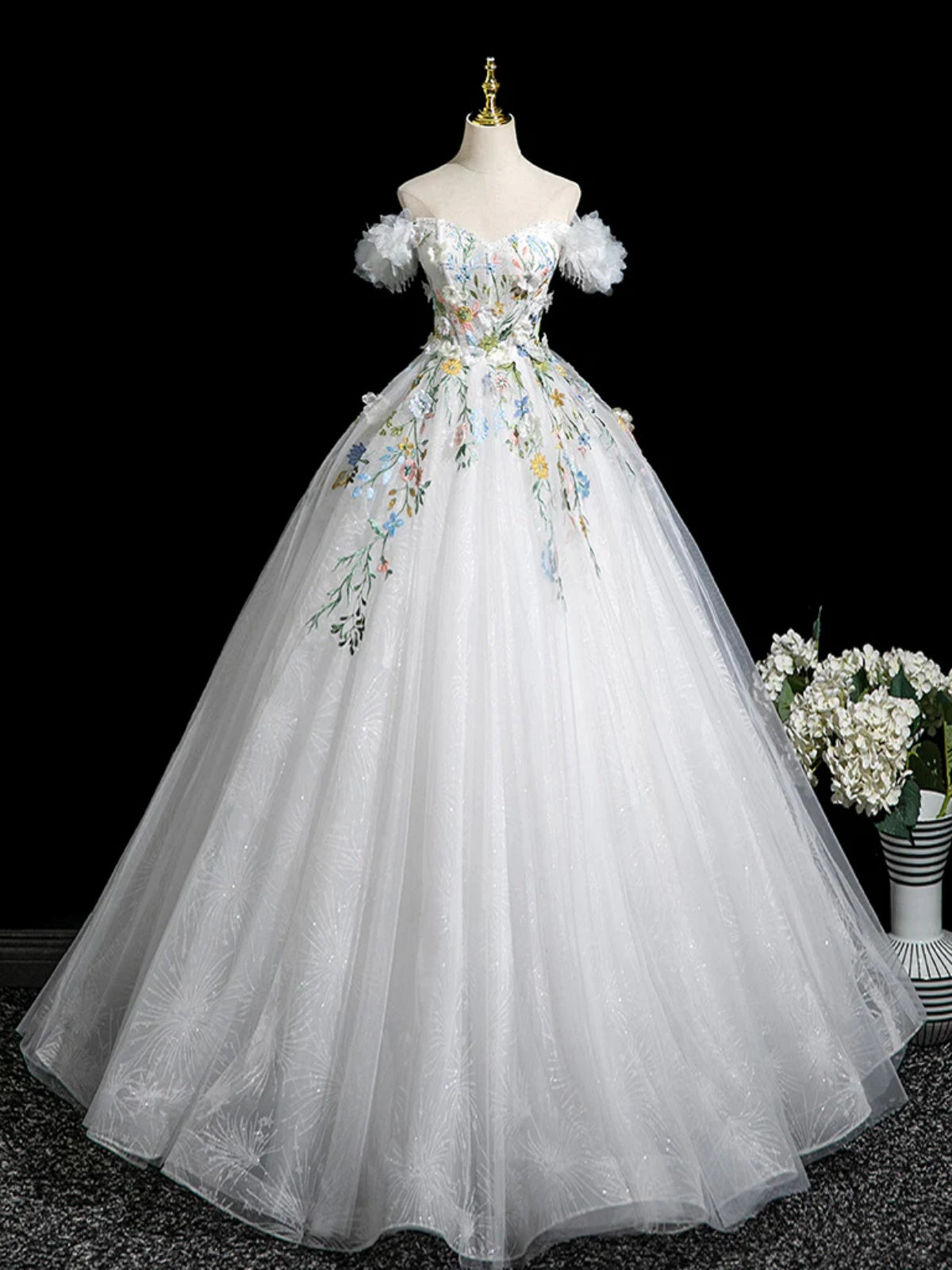 Off the Shoulder White Floral Long Prom Dresses, White Floral Long Wedding Dresses