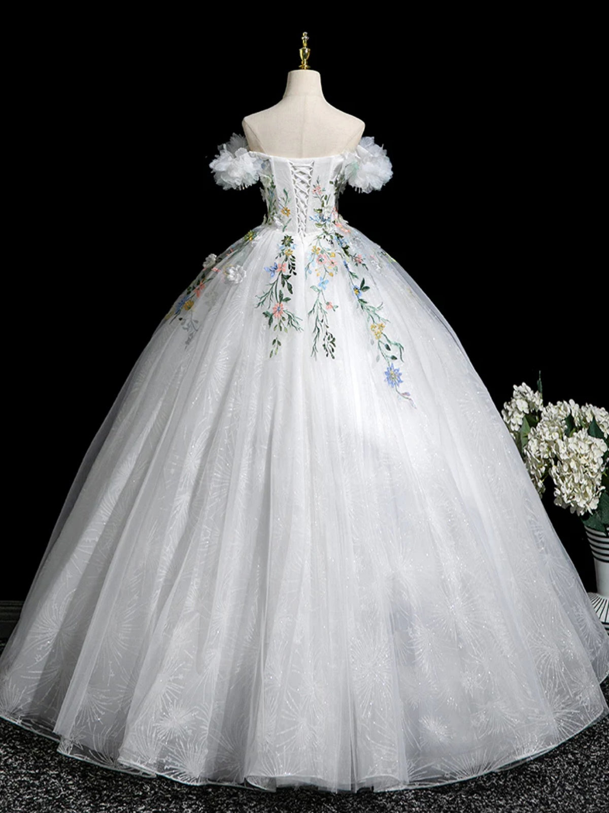 Off the Shoulder White Floral Long Prom Dresses, White Floral Long Wed - shegown Off the Shoulder White Floral Long Prom Dresses, White Floral Long Wed - shegown
