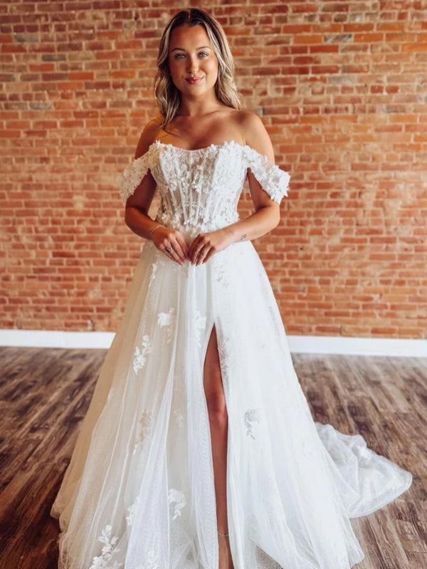 Off the Shoulder White Lace Wedding Dresses, White Floral Lace Wedding ...