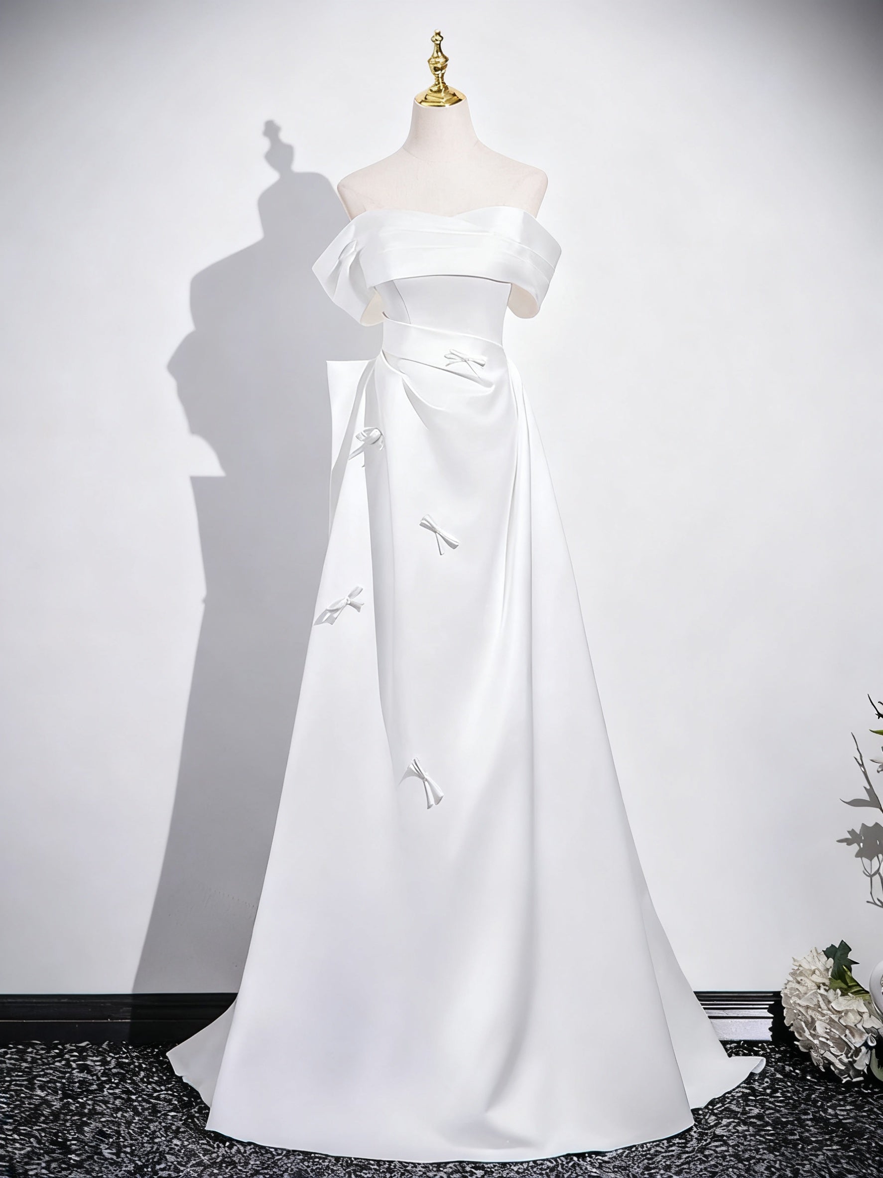 Off the Shoulder White Satin Long Prom Dresses, White Satin Formal Wed