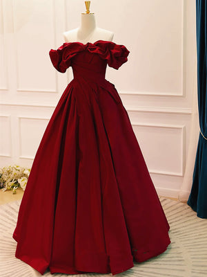 Off the Shoulder Wine Red Satin Long Prom Dresses, Off Shoulder Burgundy Formal Evening Dresses
