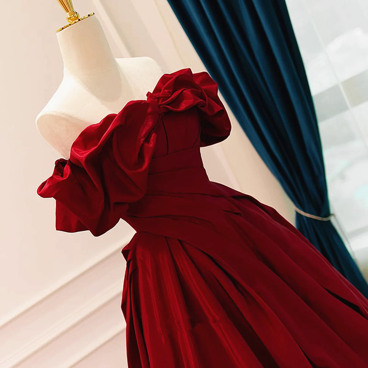 Off the Shoulder Wine Red Satin Long Prom Dresses, Off Shoulder Burgun - shegown Off the Shoulder Wine Red Satin Long Prom Dresses, Off Shoulder Burgun - shegown