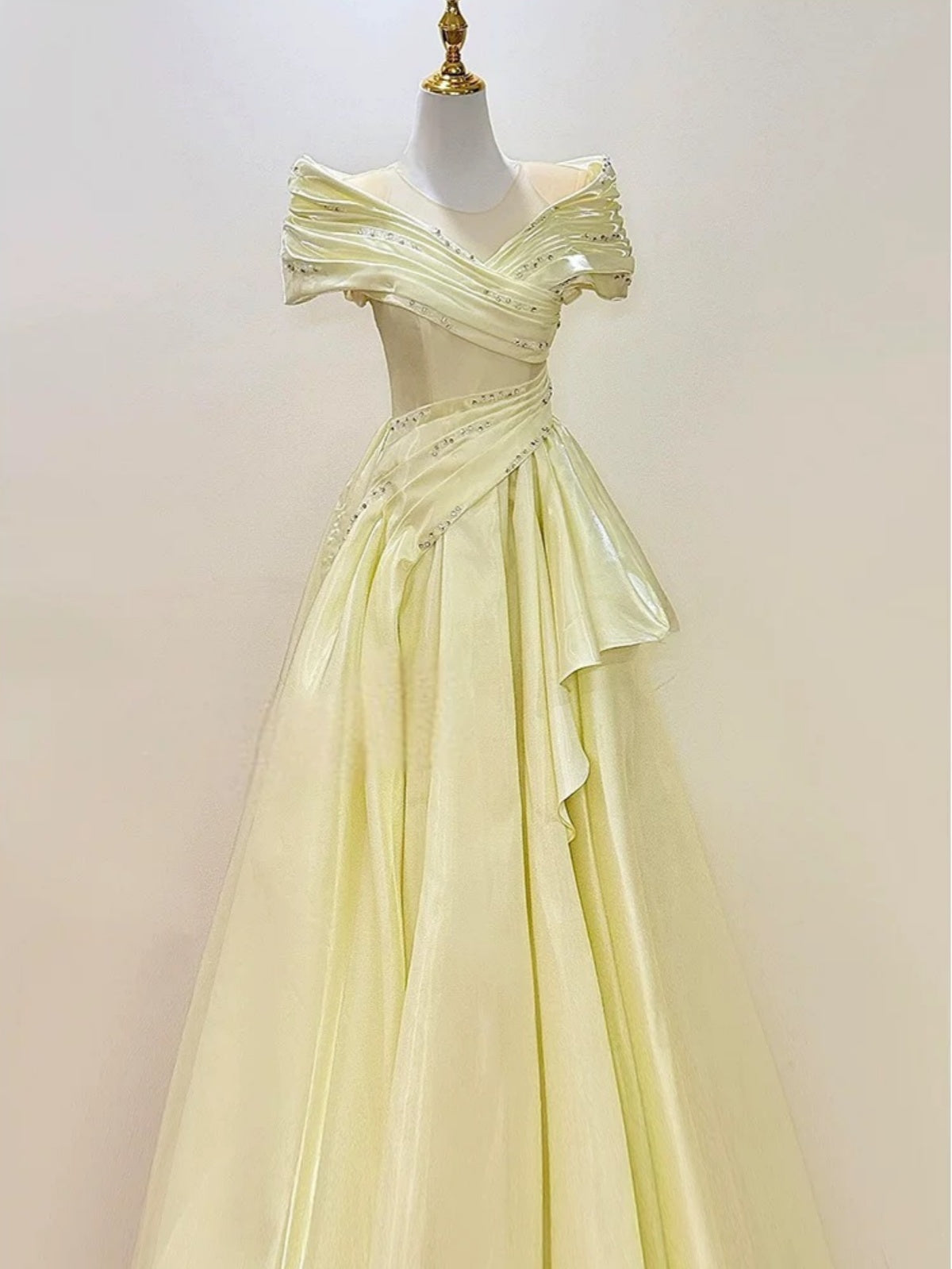 Off the Shoulder Yellow Satin Beaded Long Prom Dresses, Yellow Beaded Satin Long Formal Graduation Dresses