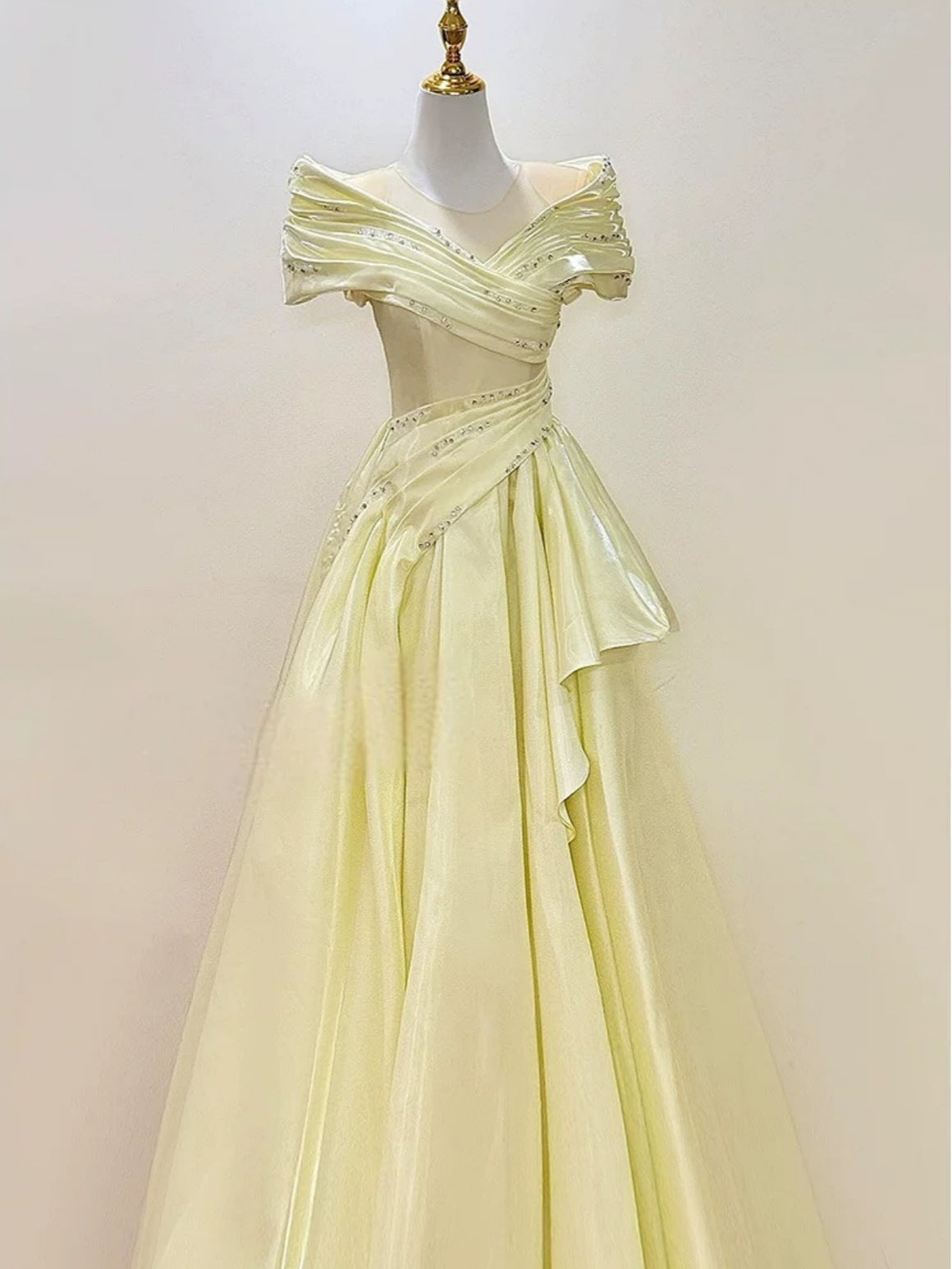 Off the Shoulder Yellow Satin Beaded Long Prom Dresses, Yellow Beaded Satin Long Formal Graduation Dresses