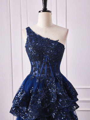 One Shoulder Dark Navy Blue Long Lace Prom Dresses, One Shoulder Dark Navy Blue Lace Formal Dresses