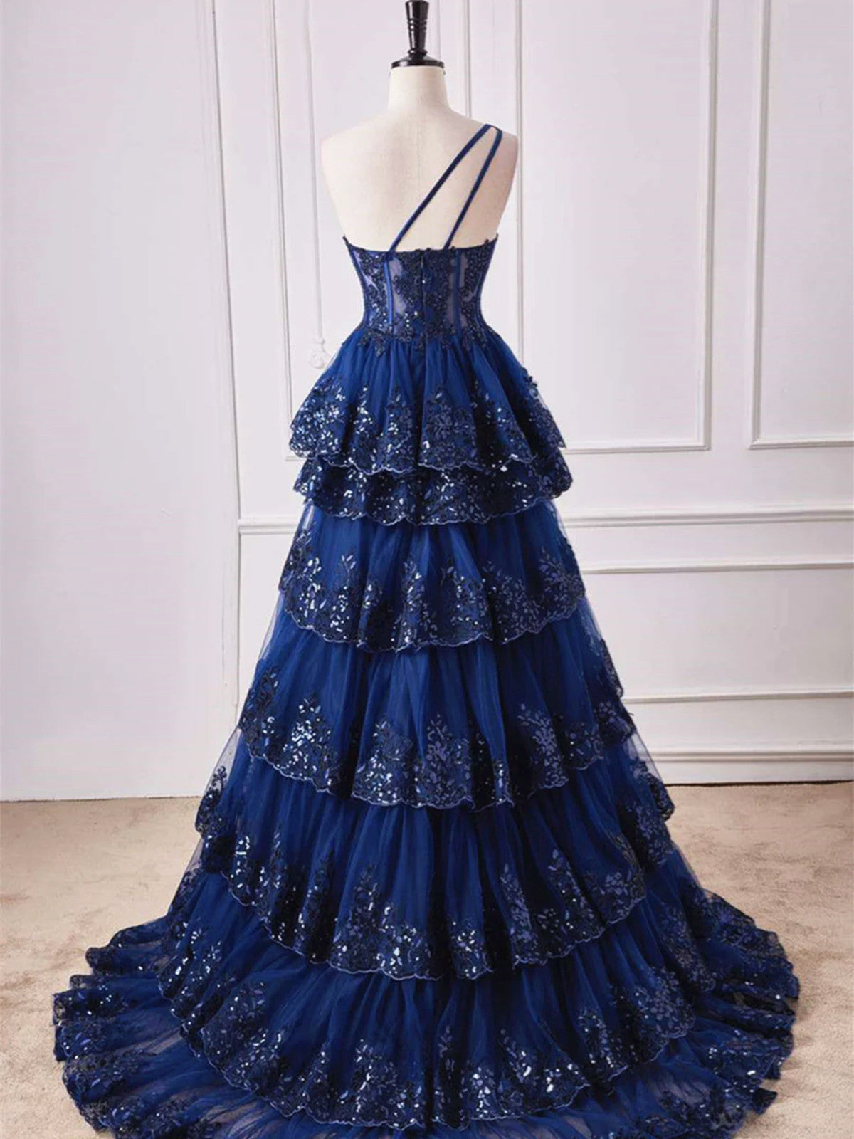 One Shoulder Dark Navy Blue Long Lace Prom Dresses, One Shoulder Dark Navy Blue Lace Formal Dresses, Custom Size / Custom Color / With Rush+$19.99 One Shoulder Dark Navy Blue Long Lace Prom Dresses, One Shoulder Dark Navy Blue Lace Formal Dresses, Custom Size / Custom Color / With Rush+$19.99