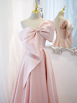 One Shoulder Pink Satin Long Prom Dress with Bow, Pink Satin Long Formal Evening Dresses
