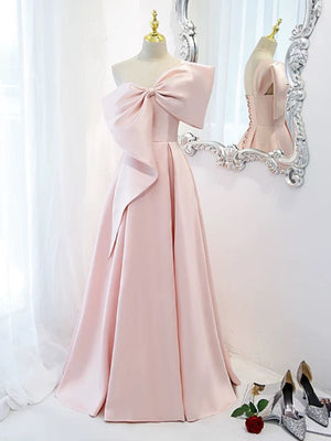One Shoulder Pink Satin Long Prom Dress with Bow, Pink Satin Long Formal Evening Dresses