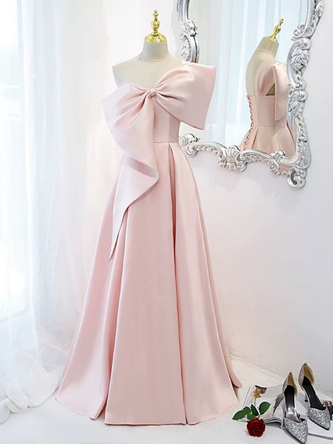 One Shoulder Pink Satin Long Prom Dress with Bow, Pink Satin Long Formal Evening Dresses