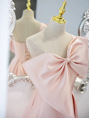 One Shoulder Pink Satin Long Prom Dress with Bow, Pink Satin Long Formal Evening Dresses