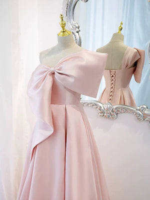 One Shoulder Pink Satin Long Prom Dress with Bow, Pink Satin Long Formal Evening Dresses
