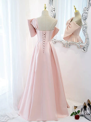 One Shoulder Pink Satin Long Prom Dress with Bow, Pink Satin Long Formal Evening Dresses