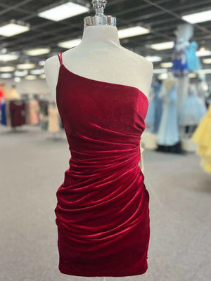 One Shoulder Short Burgundy Prom Dresses, Wine Red Short Formal Homecoming Dresses