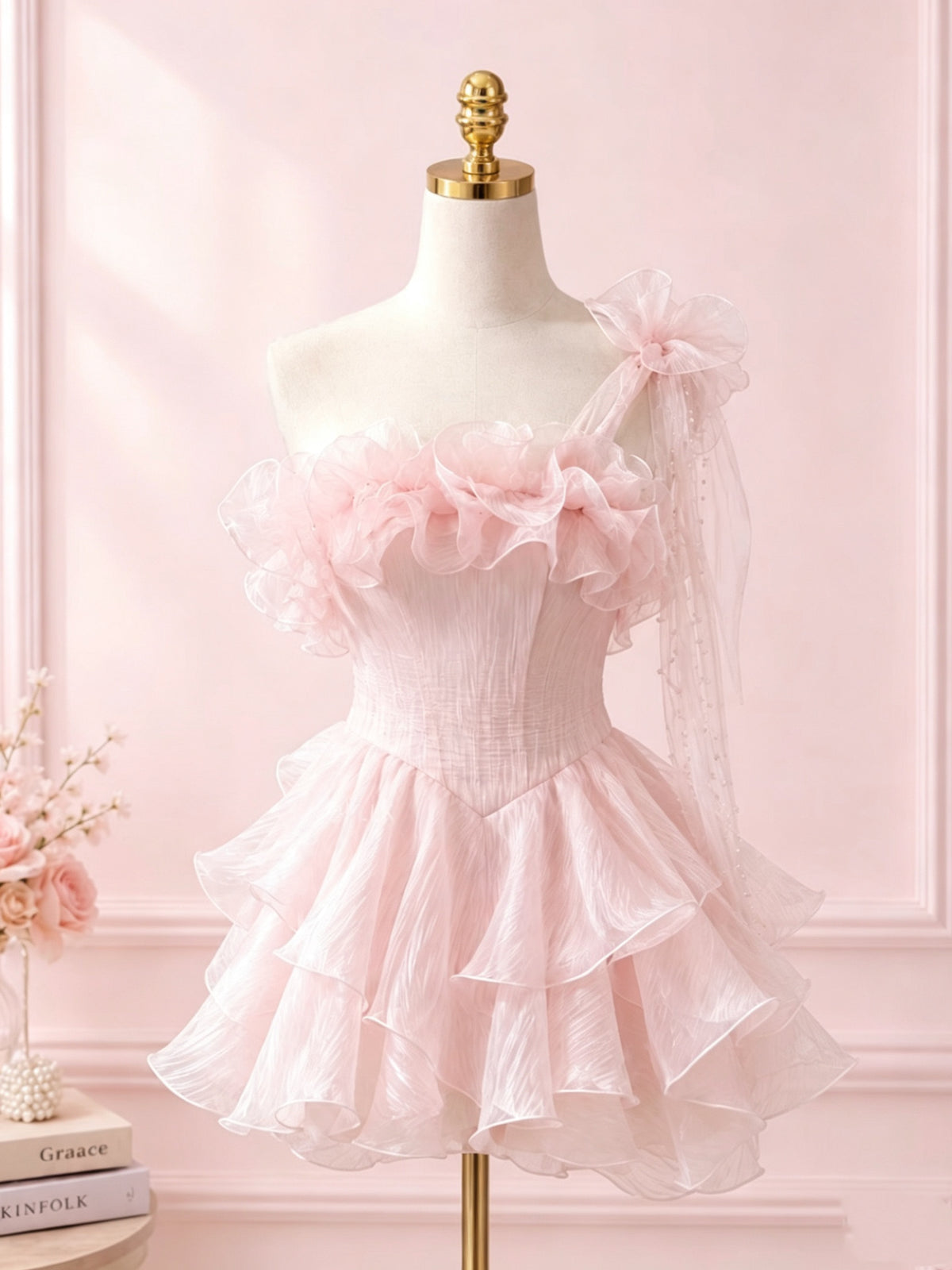 One Shoulder Short Pink Floral Prom Dresses, Short Pink Formal Homecoming Dresses