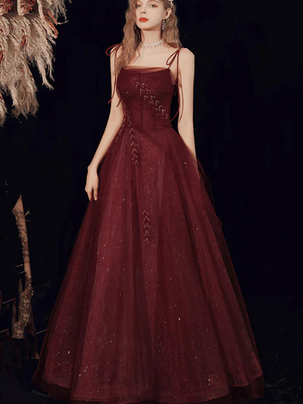 A Line Strapless Burgundy Tulle Floral Long Prom Dresses, Wine Red Long Formal Evening Dresses