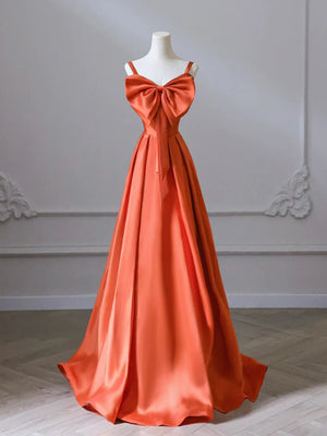 Orange Long Satin Prom Dresses with Bow, Oranage Long Satin Formal Evening Dresses