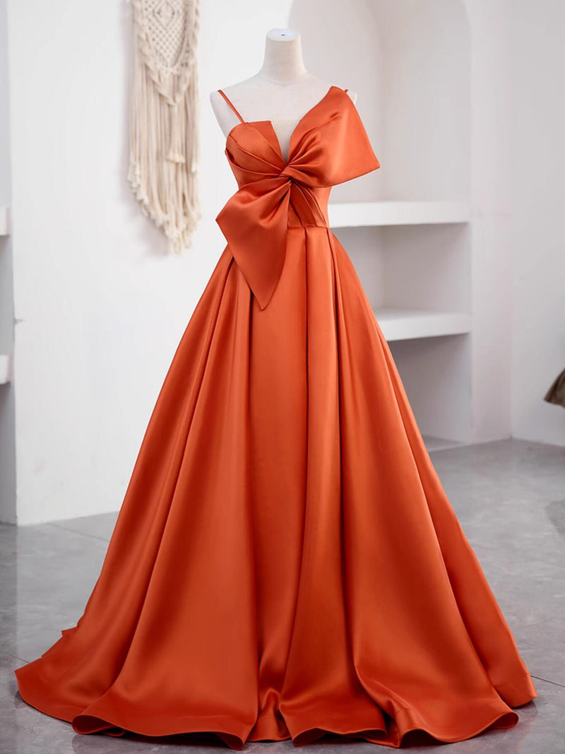 Simple A-Line Satin Orange Long Prom Dress, Orange Formal Evening Dress Y2585