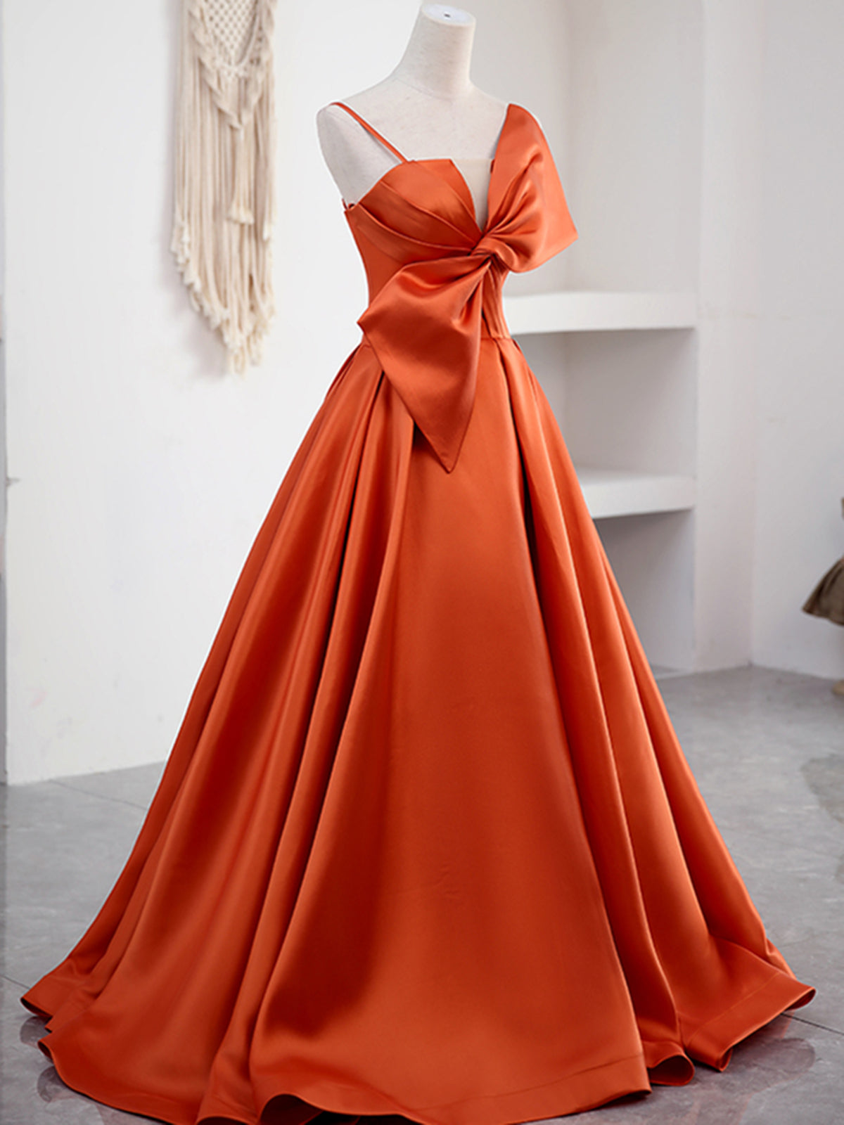 Orange Long Satin Prom Dresses with Bow, Oranage Long Satin Formal Eve