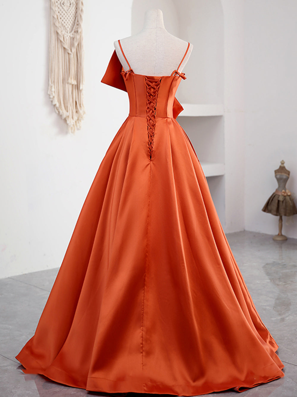 Orange Long Satin Prom Dresses with Bow, Oranage Long Satin Formal Eve