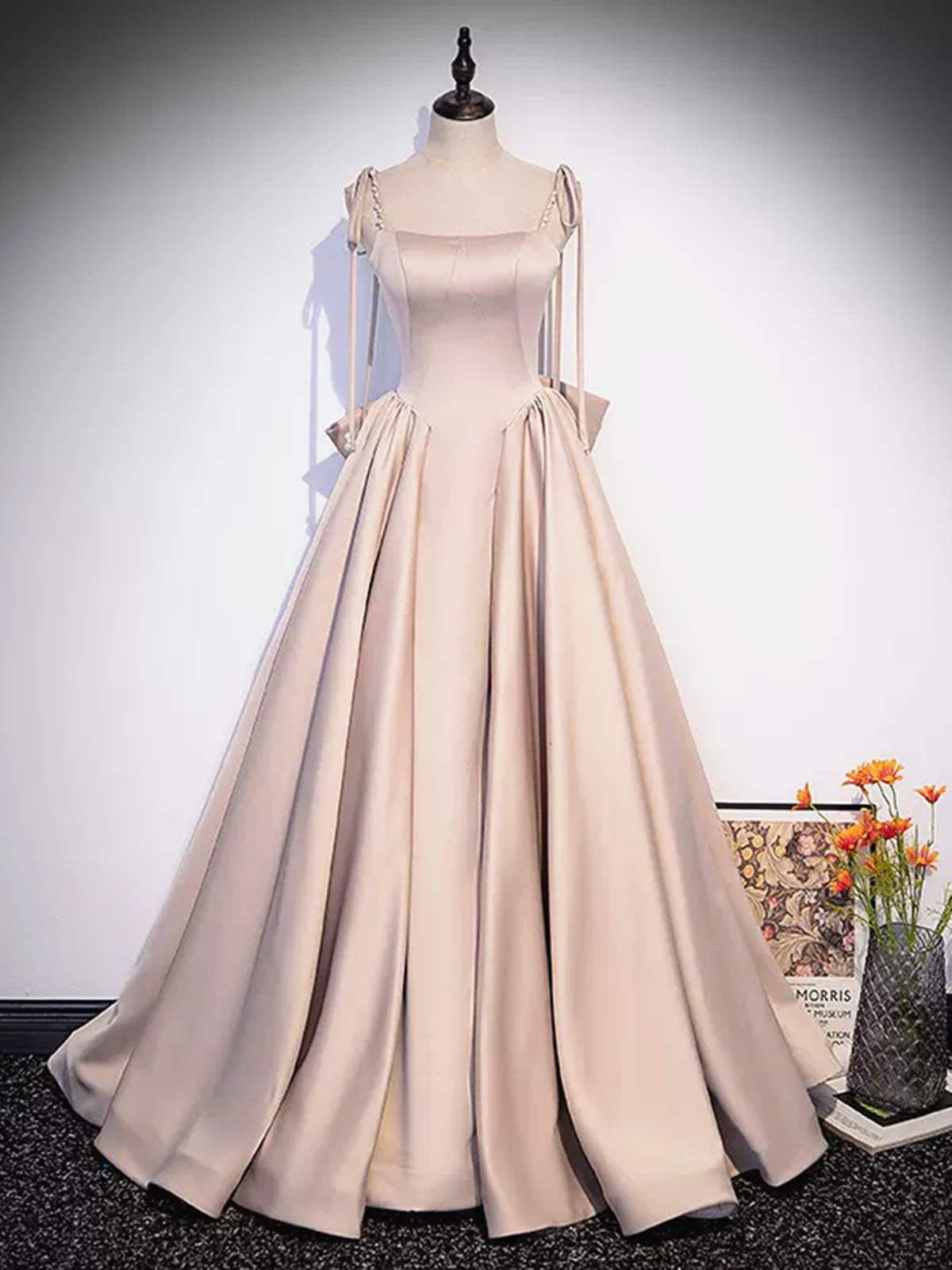 Pink Satin Long Prom Dresses, Pink Long Satin Formal Evening Dresses