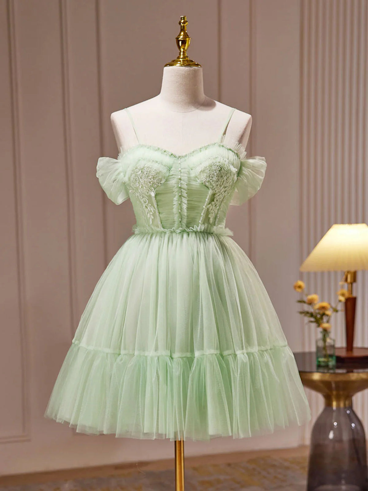 Off the Shoulder Green Lace Prom Dresses, Green Short Formal Homecomin - shegown Off the Shoulder Green Lace Prom Dresses, Green Short Formal Homecomin - shegown