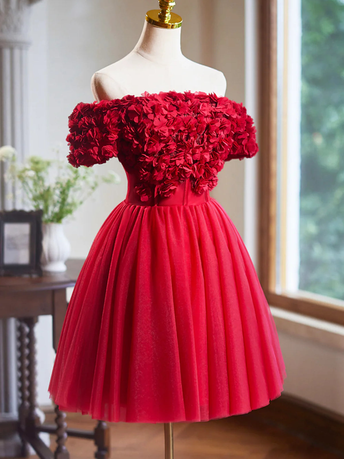 Princess Off Shoulder Red Prom Dresses with 3D Flowers, Short Red Home - shegown Princess Off Shoulder Red Prom Dresses with 3D Flowers, Short Red Home - shegown