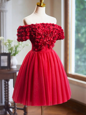 Princess Off Shoulder Red Prom Dresses with 3D Flowers, Off the Shoulder Red Homecoming Dresses, Short Red Formal Evening Dresses