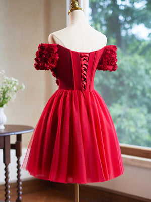 Princess Off Shoulder Red Prom Dresses with 3D Flowers, Off the Shoulder Red Homecoming Dresses, Short Red Formal Evening Dresses