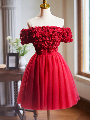Princess Off Shoulder Red Prom Dresses with 3D Flowers, Off the Shoulder Red Homecoming Dresses, Short Red Formal Evening Dresses