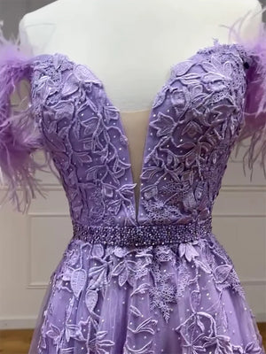 Purple Tulle Lace Long Prom Dresses, Purple Tulle Lace Long Formal Evening Dresses